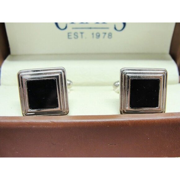 Chaps Vintage Square Cufflinks Black & Silver Tone Tux Wedding Formal IOB - Picture 3 of 12